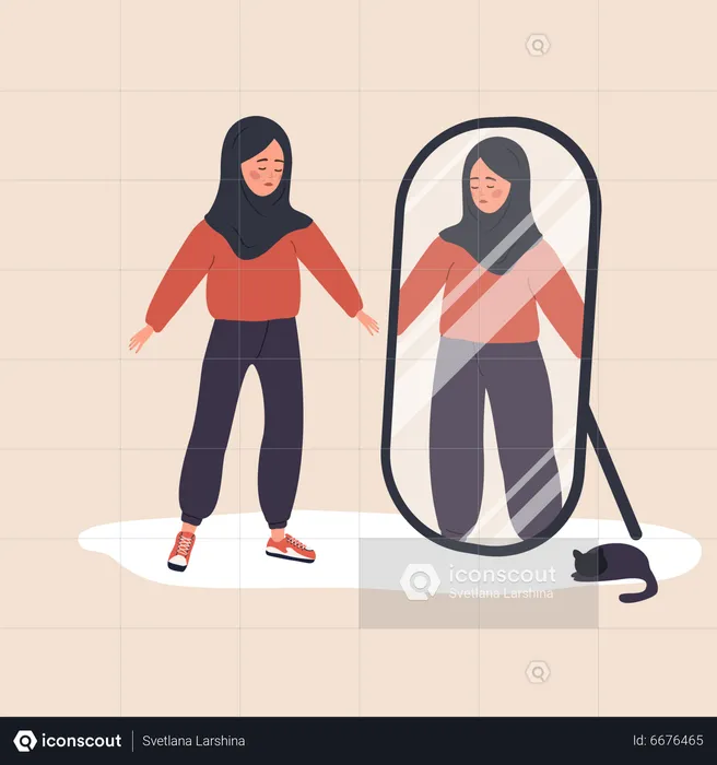 Girl looking self in mirror  Illustration
