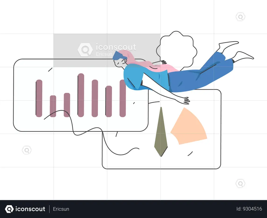 Girl looking virtual business analysis report  Illustration