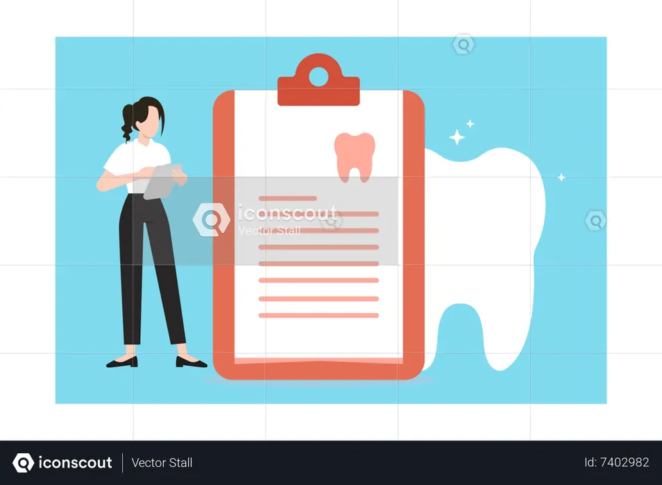 Girl looks at dental report  Illustration