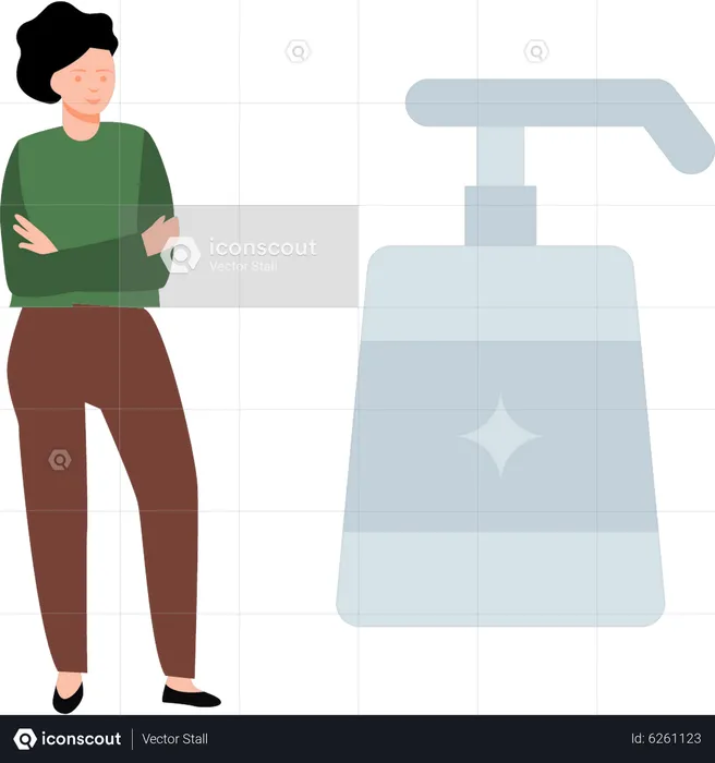 Girl looks at hygiene bottle  Illustration