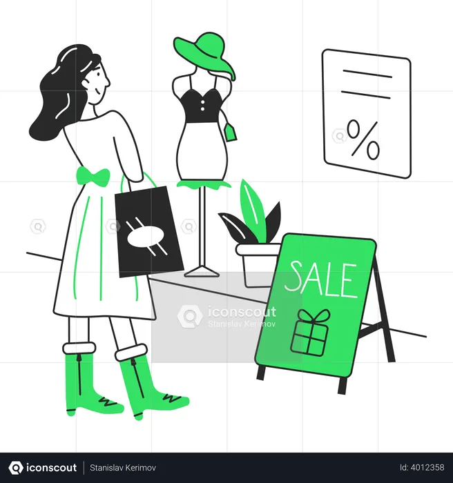 Girl looks at the shop sale  Illustration