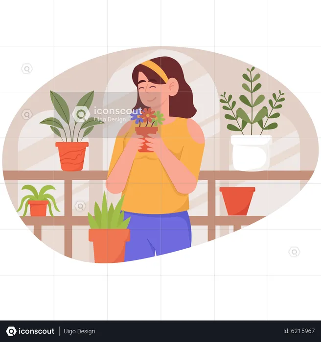 Girl loving cute little plant  Illustration