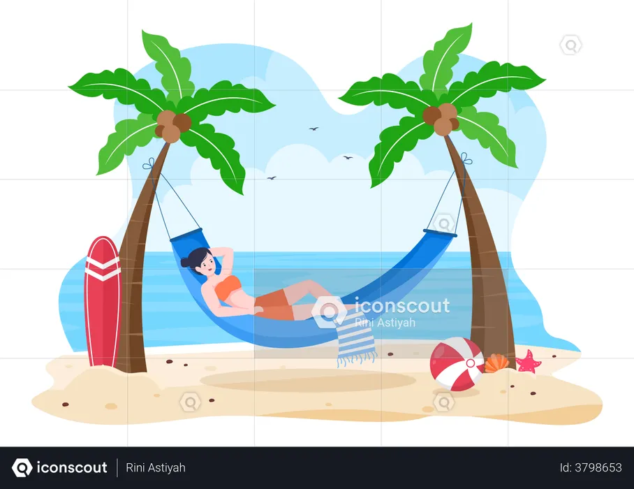 Girl lying on hammock and enjoying beach  Illustration