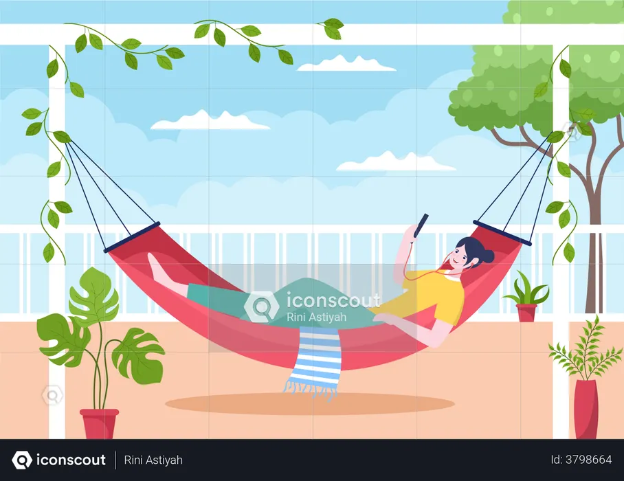 Girl lying on hammock at house balcony  Illustration