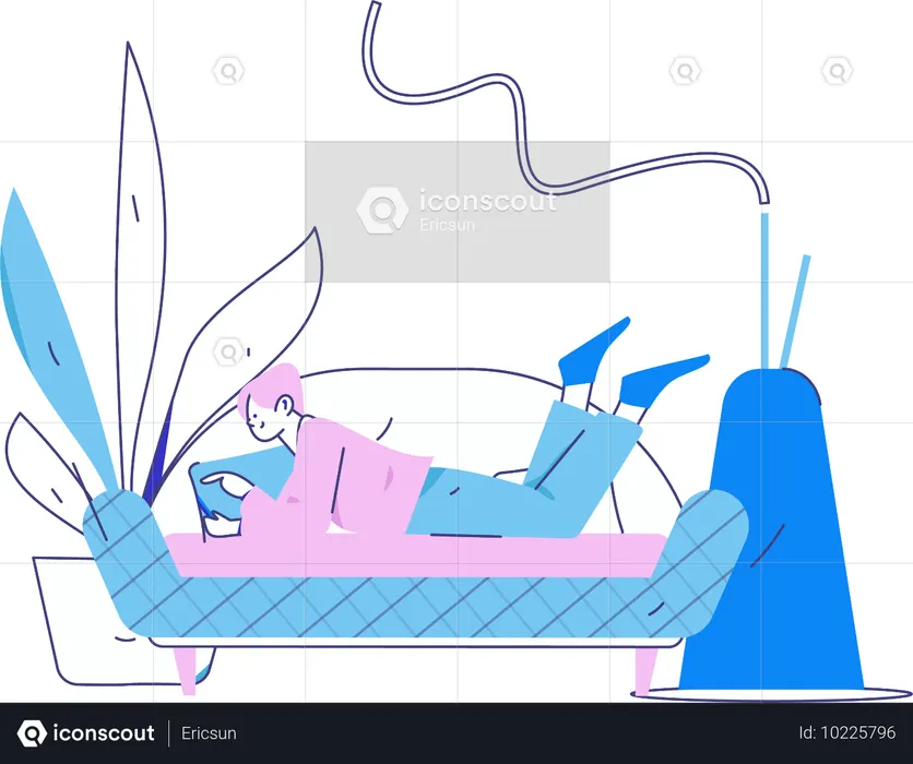 소파에 누워 모바일 통화를 하는 소녀  일러스트레이션