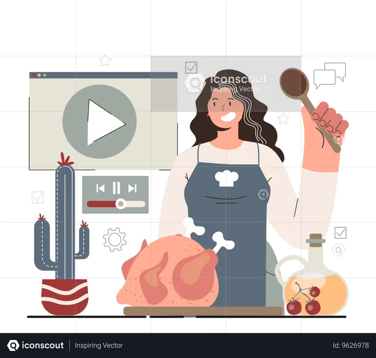 Girl making chicken leg  with watching video  Illustration