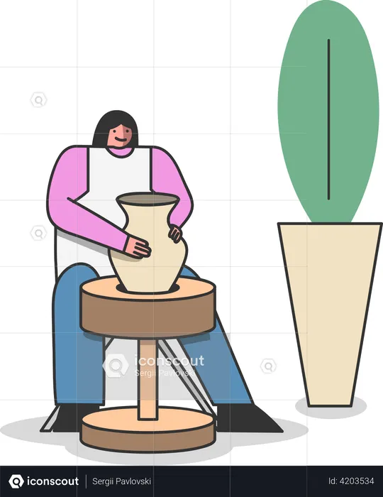 Girl making clay pots and pottery workshop  Illustration