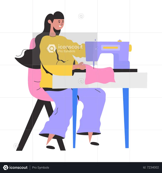 Girl making dress using sewing machine  Illustration