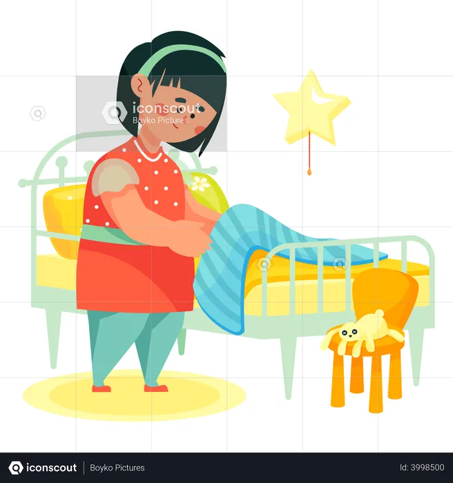 Girl making her bed  Illustration