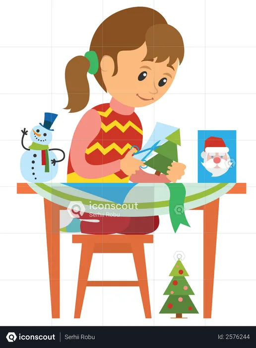 Girl making paper christmas tree  Illustration