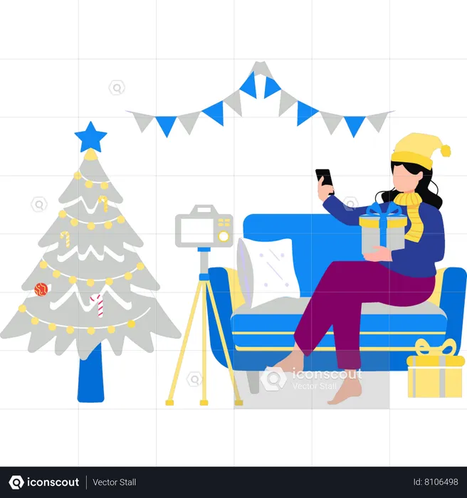 Girl making video with Christmas presents  Illustration