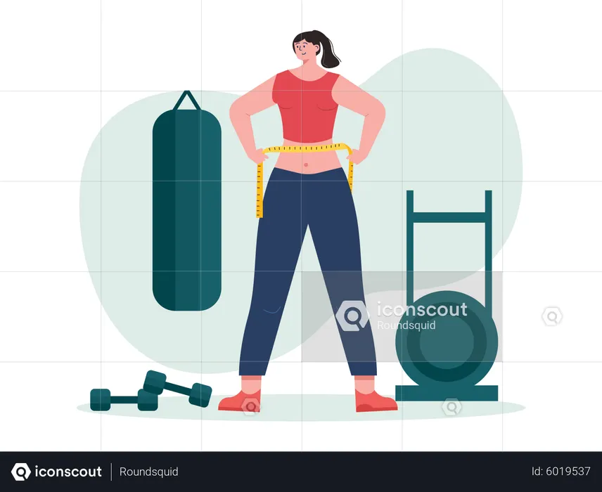 Girl measure waist after working out at gym  Illustration