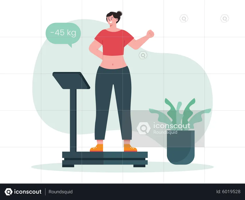 Girl measuring weight on weighing scale  Illustration