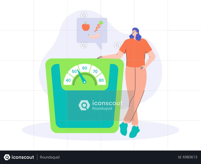 Girl measuring weight on weighing scale  Illustration