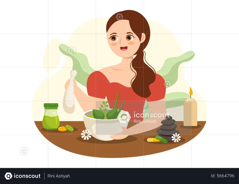 Girl mixing herbs to make herbal medicine  Illustration