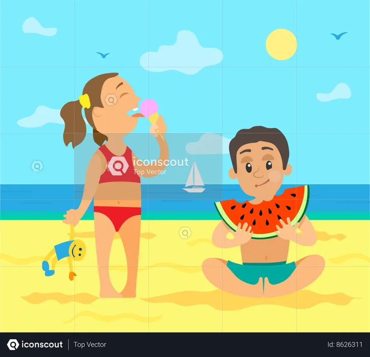 Girl on beach eating ice cream and boy eating melon  Illustration