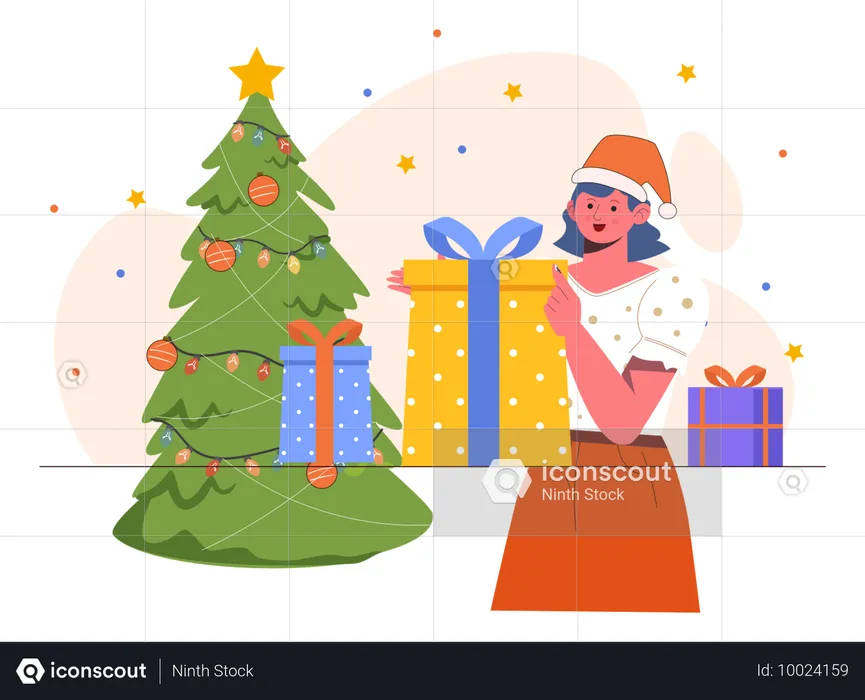 Girl opening christmas gift  Illustration