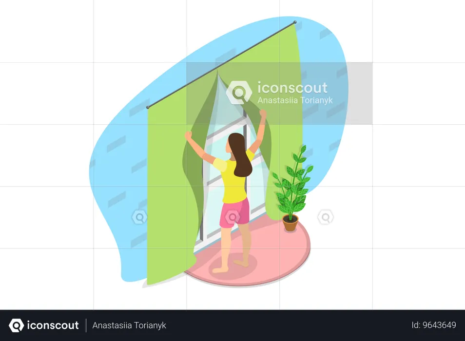 Girl opening her room for looking Morning View  Illustration