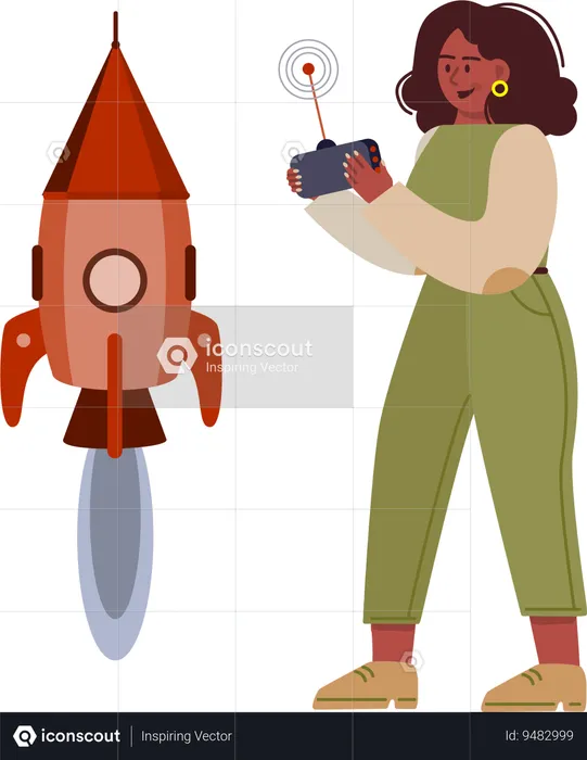 Girl operating rocket for launch  Illustration