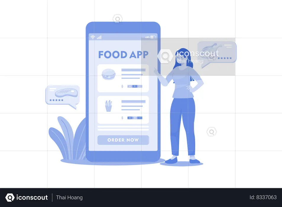 Girl Order Food From Mobile App  Illustration