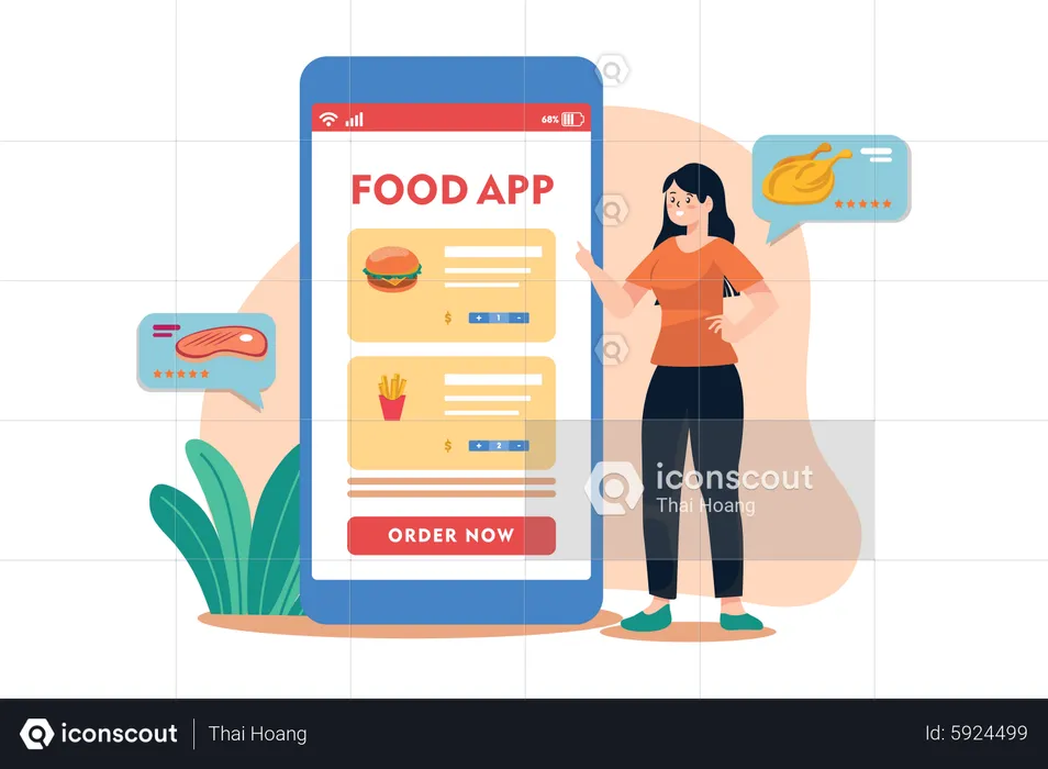 Girl Order Food from mobile app  Illustration