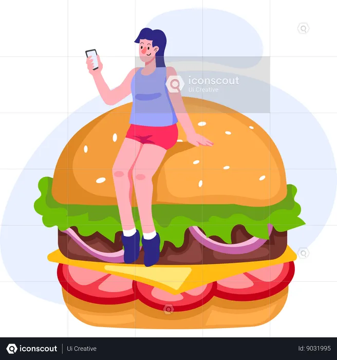 Girl ordering burger from online store  Illustration