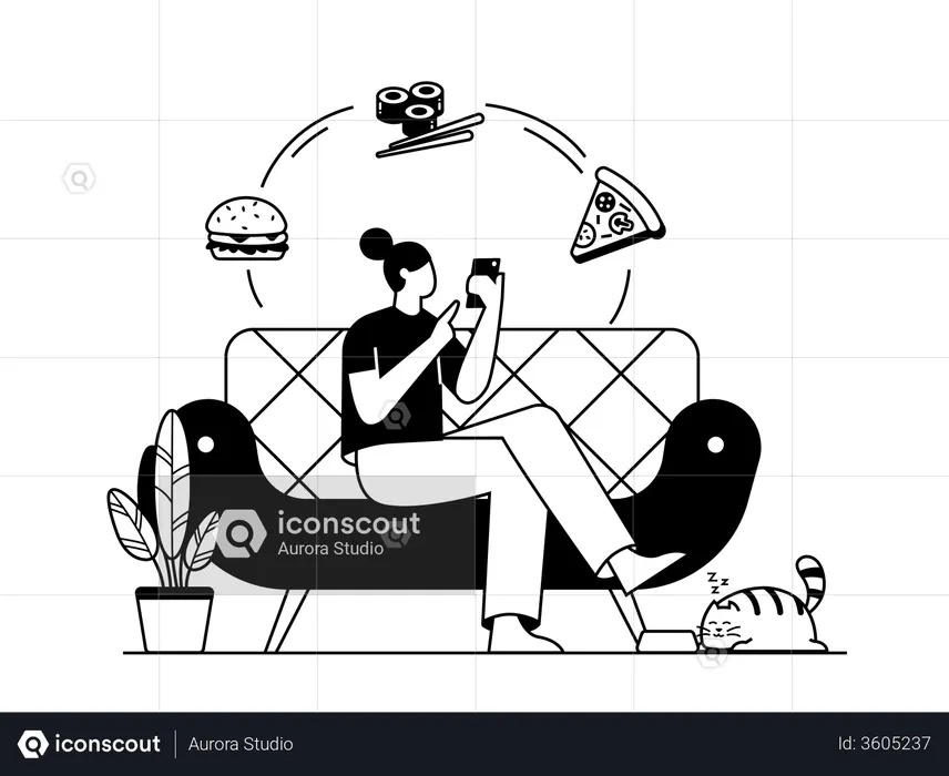 Girl Ordering Food by Mobile Phone  Illustration