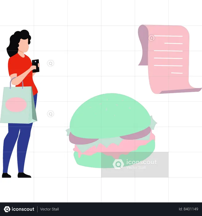 Girl ordering food online from mobile phone  Illustration