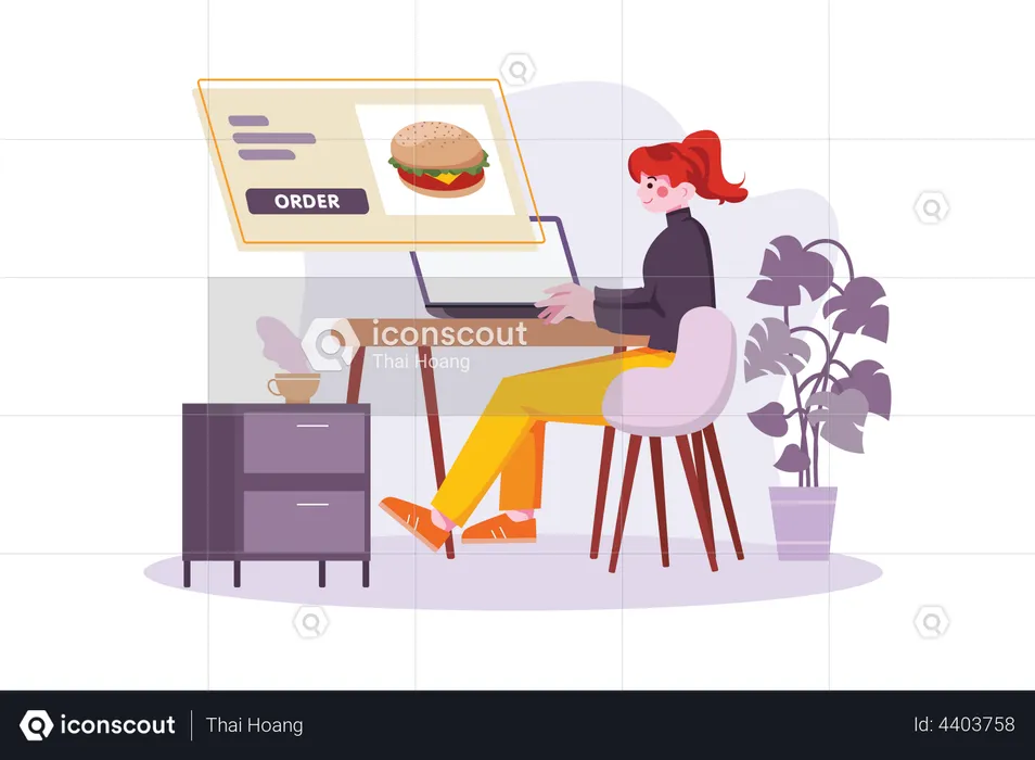 Girl ordering food online using laptop  Illustration