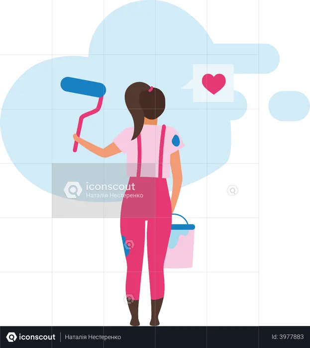 Girl painting wall using paint roller  Illustration