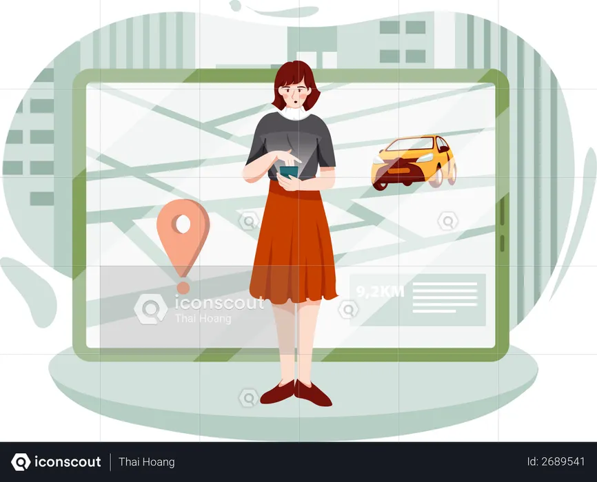 Girl passenger sending her location to cab driver  Illustration