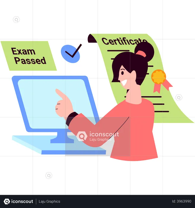 Girl passing online examination and getting course certificate  Illustration