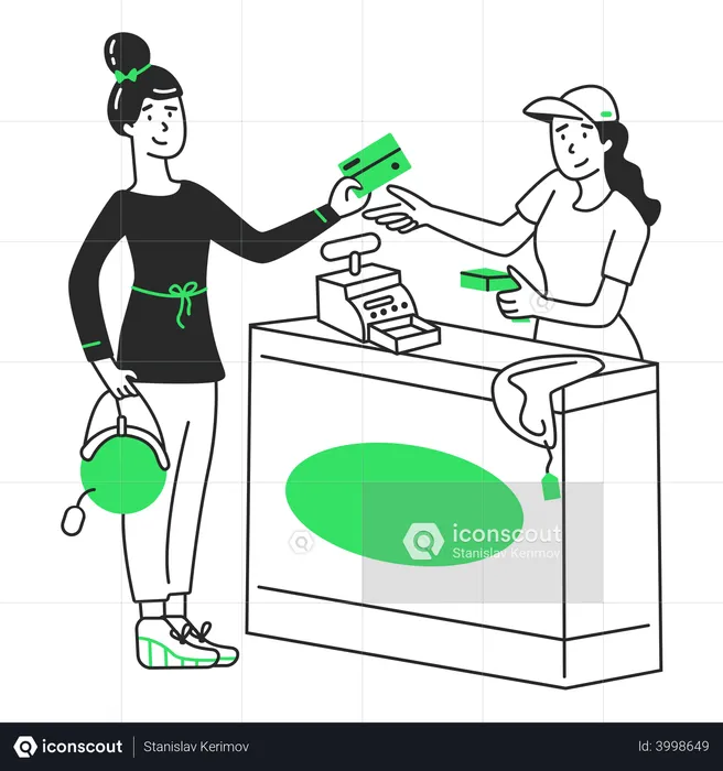 Girl pays for her purchases at the checkout counter  Illustration