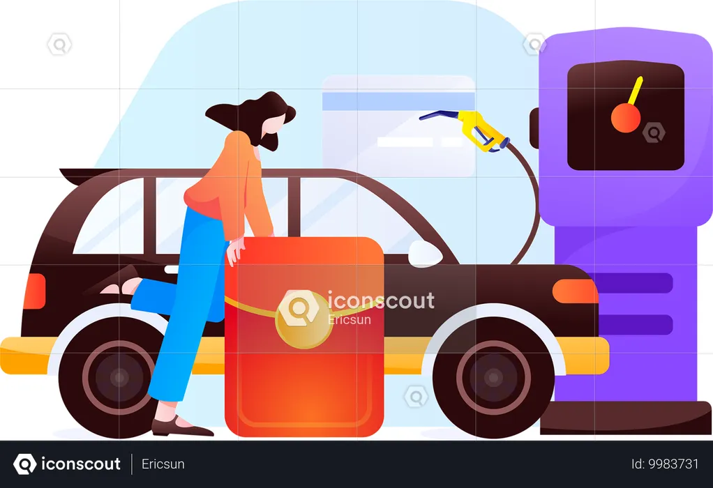 Girl pays money at petrol pump  Illustration