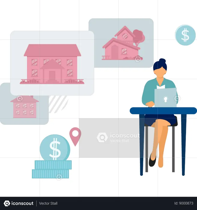 Girl pays rent of new house  Illustration