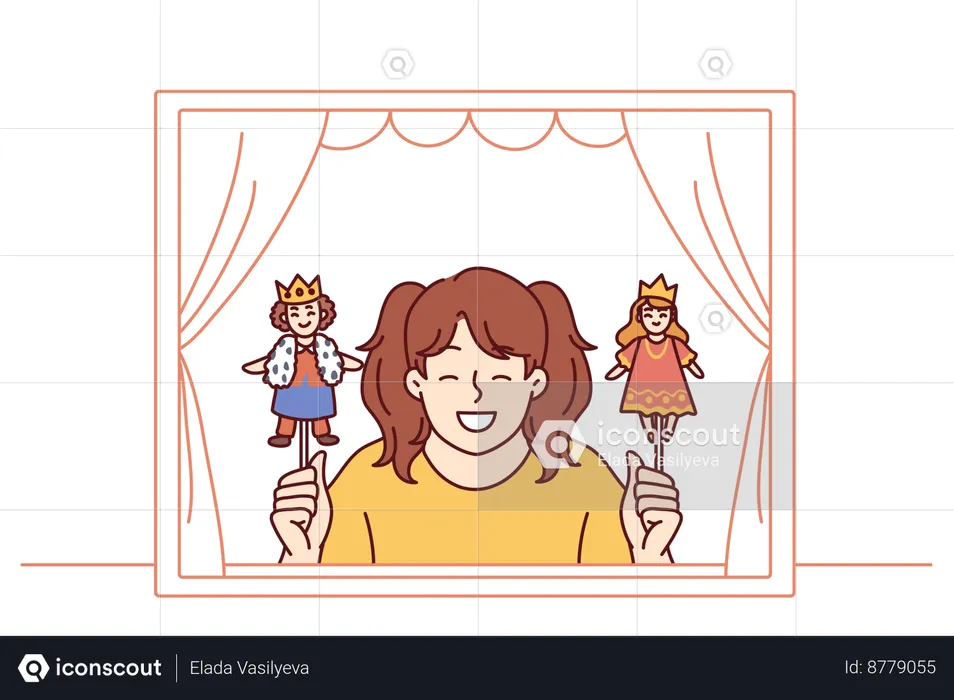 Girl performs in puppet theater  Illustration