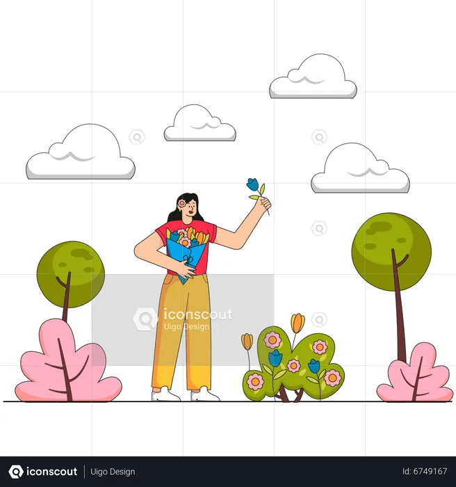 Girl picking flower from garden  Illustration