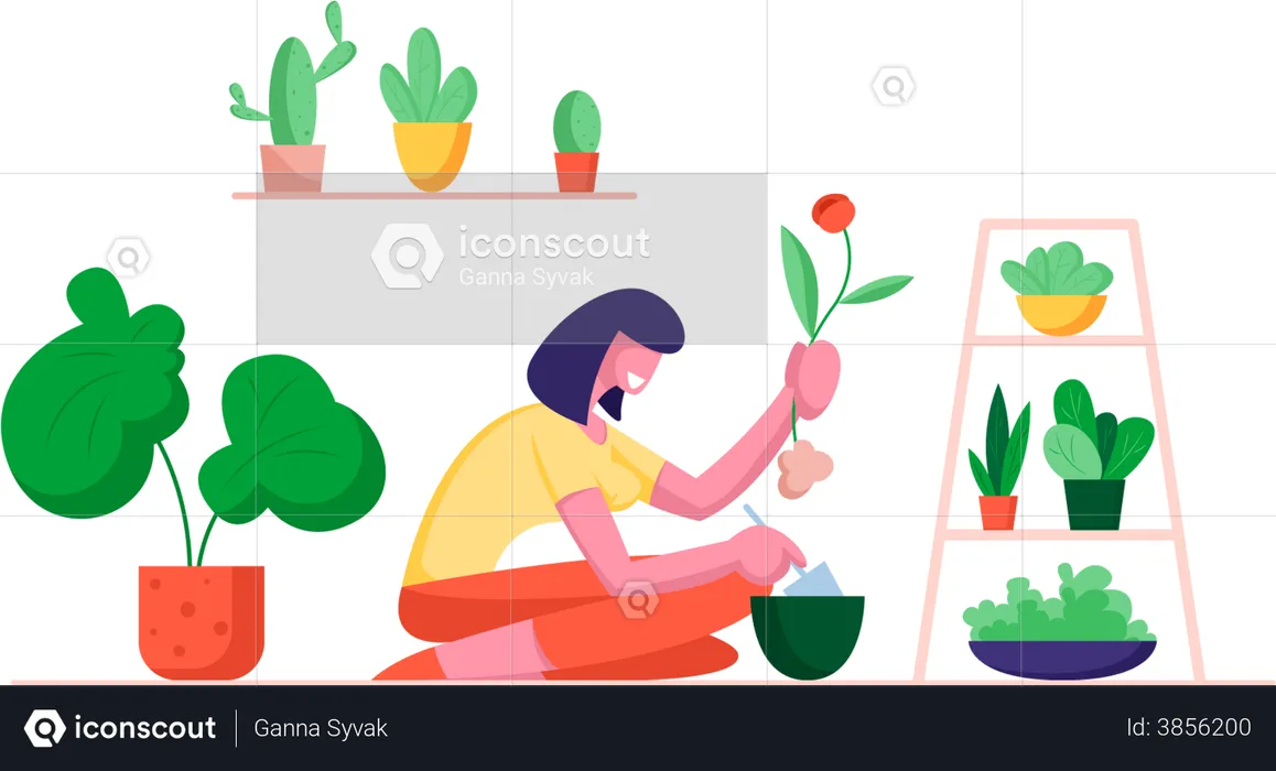 Girl planting flower and enjoying gardening  Illustration