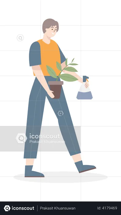 Girl planting tree and spaying water  Illustration