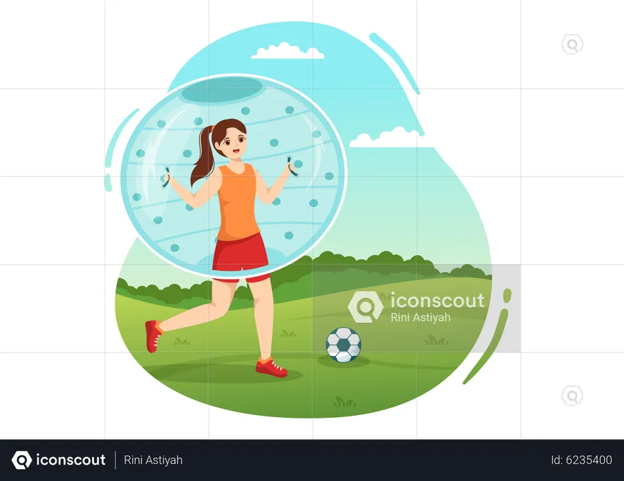 Girl play football while wearing zorbing ball  Illustration