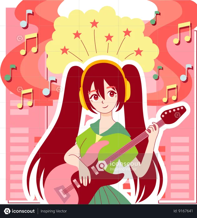 Girl Playing Anime Music Using Guitar  Illustration