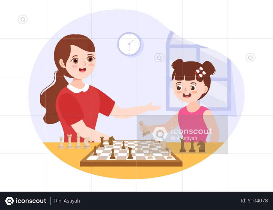 Girl Playing Chess Board Game With Mother  Illustration
