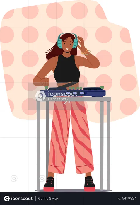 Girl playing dj using sound mixer at DJ nightclub party  Illustration