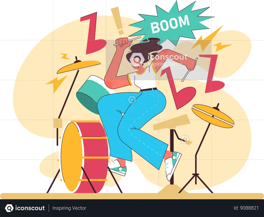 Girl playing drum with full energy  Illustration