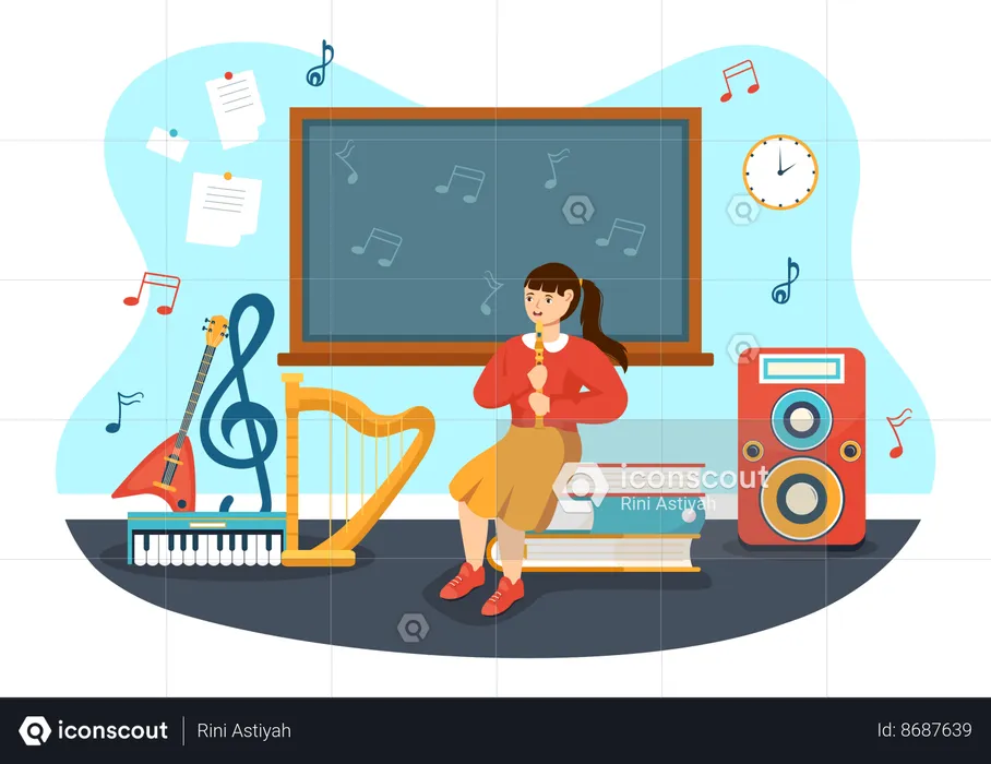 Girl playing flute at music school  Illustration