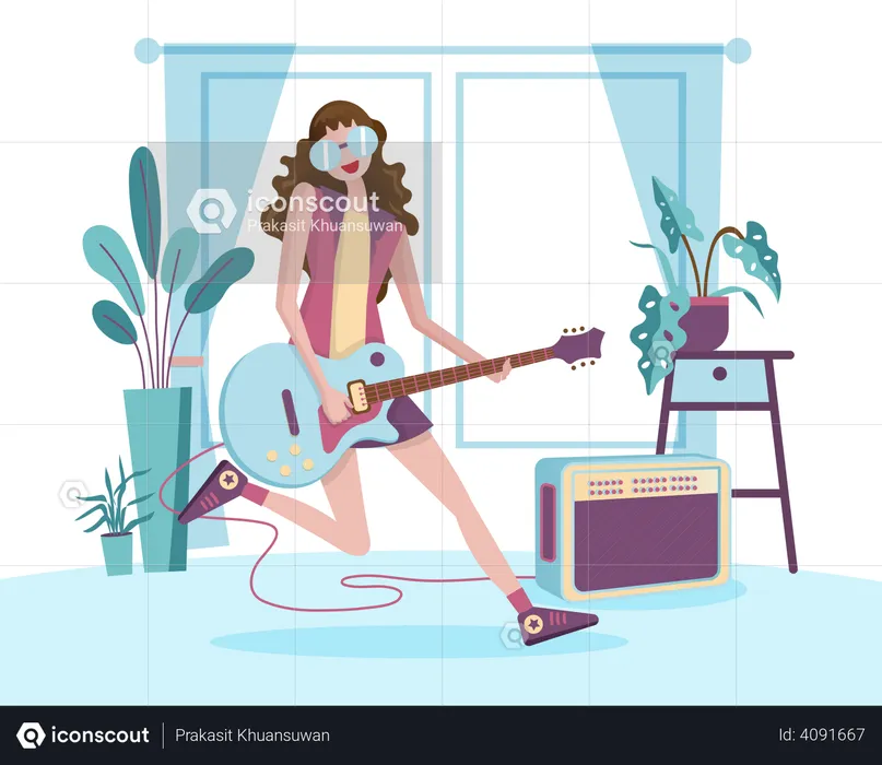 Girl playing Guitar at home  Illustration