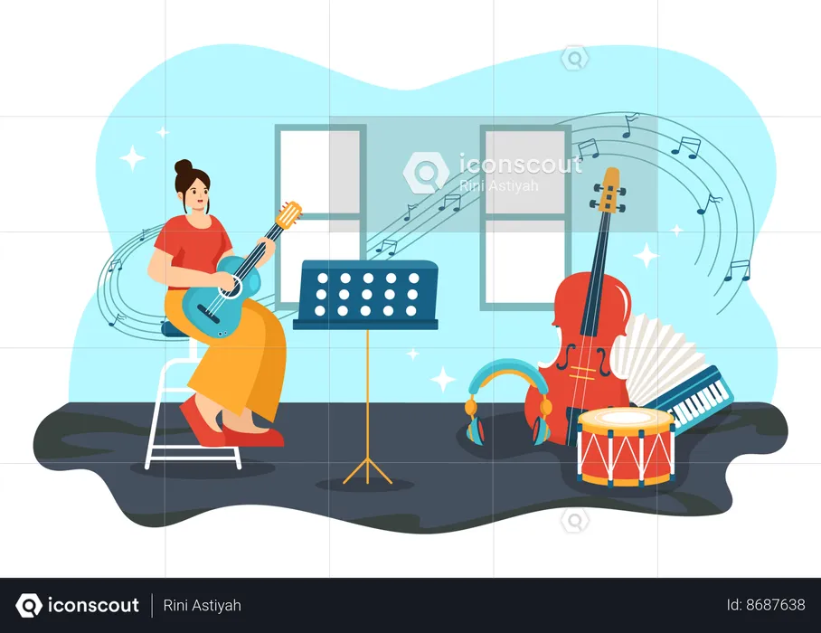 Girl playing guitar at music school  Illustration