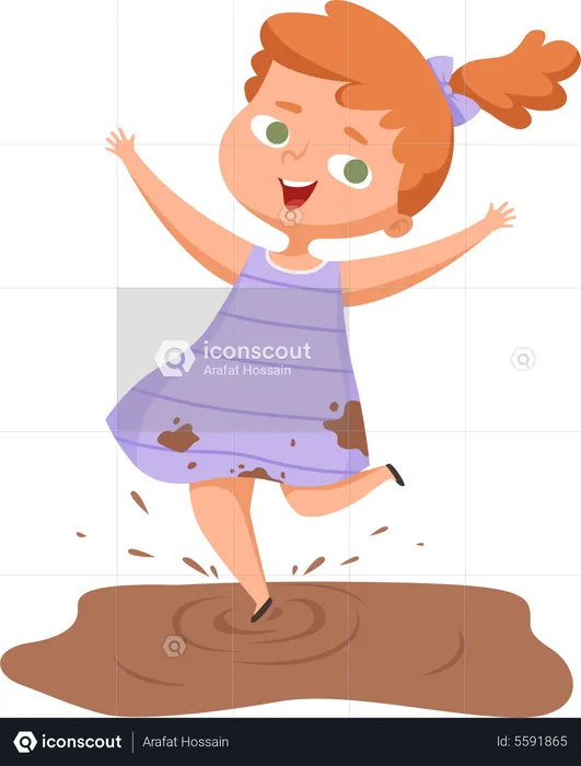 Girl playing in muddy water  Illustration