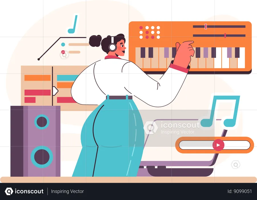 Girl playing keyboard using headset  Illustration