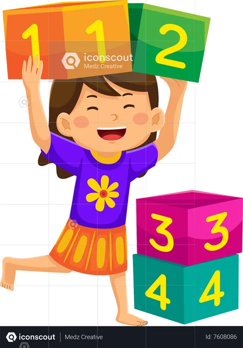 Girl Playing Number Blocks  Illustration